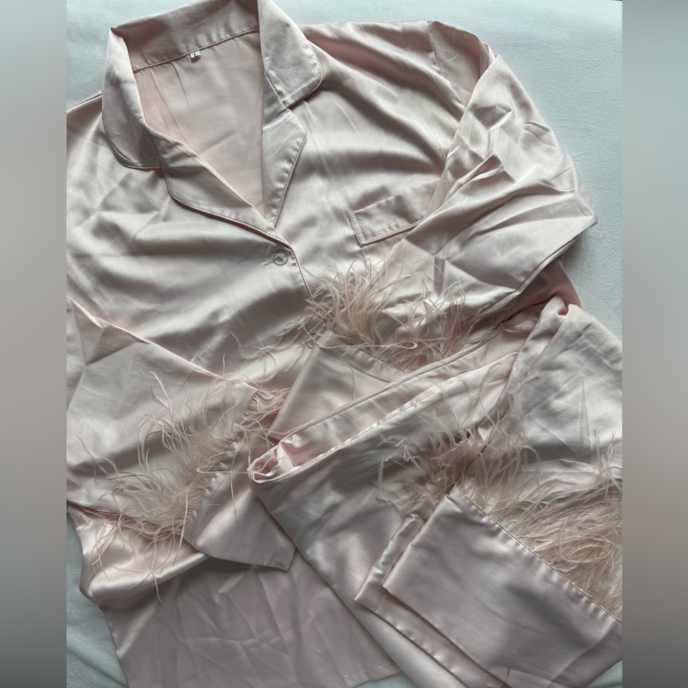 Pink Feather-Trimmed Satin Pajama Set